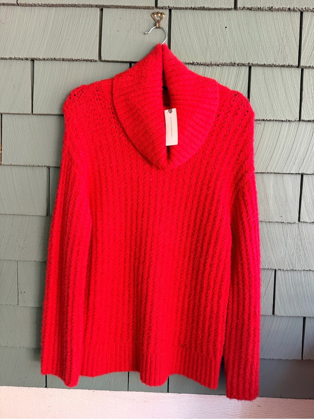 NWT Maeve Anthropologie Chunky Knit Sweater Small Red Mock Neck Oversized Fit